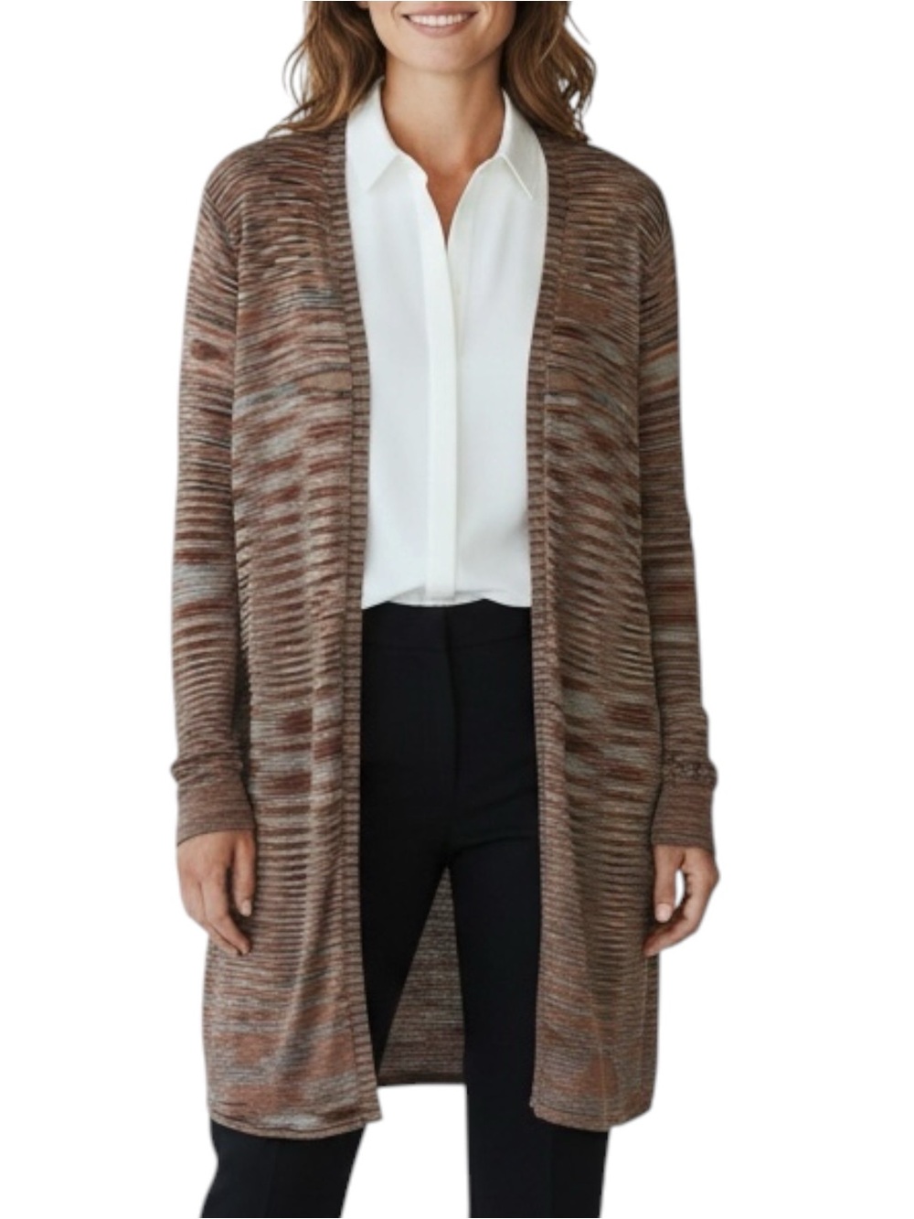 JONES NEW YORK Brown Striped Long Cardigan Size PETITE LARGE -- Lightweight